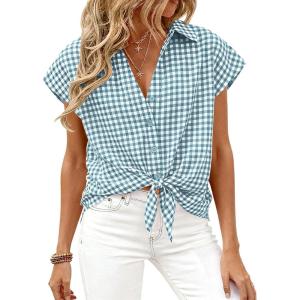 PRETTYGARDEN Womens Button Down Shirts V Neck Short Cap Sleeve Collared Plaid Tops 2026 Summer Spring Casual Blouses Clothes(Grey Blue)
