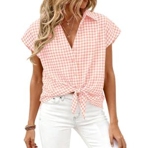 PRETTYGARDEN Womens Button Down Shirts V Neck Short Cap Sleeve Collared Plaid Tops 2026 Summer Spring Casual Blouses Clothes(Light Pink)