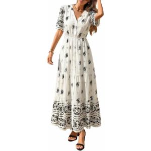 PRETTYGARDEN Womens Summer Boho Maxi Dress 2026 Trendy Short Sleeve V Neck Flowy Beach Floral Dresses with Pockets(White Black Flower)