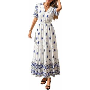 PRETTYGARDEN Womens Summer Boho Maxi Dress 2026 Trendy Short Sleeve V Neck Flowy Beach Floral Dresses with Pockets(White Blue Flower)