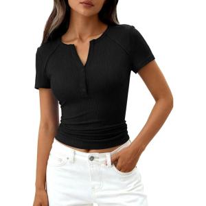 PRETTYGARDEN Womens Summer Short Sleeve Tops 2026 Spring Casual V Neck Henley Button Up T Shirts Dressy Ribbed Knit Blouses(Black)