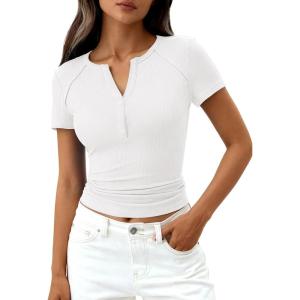 PRETTYGARDEN Womens Summer Short Sleeve Tops 2026 Spring Casual V Neck Henley Button Up T Shirts Dressy Ribbed Knit Blouses(White)