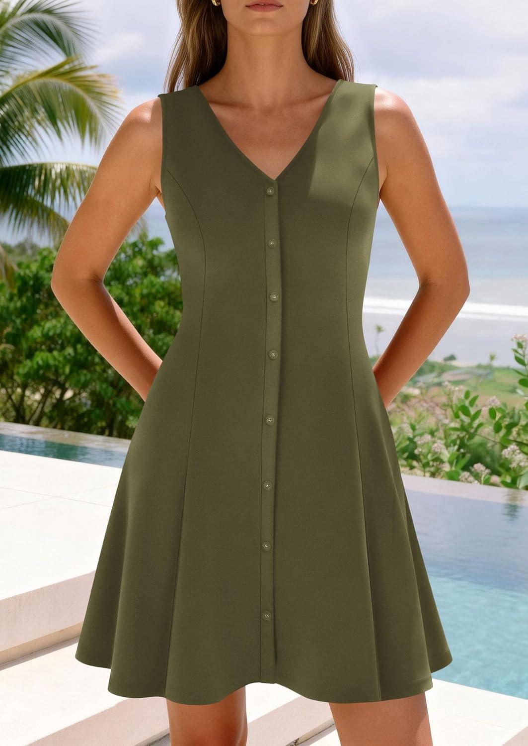 imagePRETTYGARDEN Summer Dresses for Women 2026 V Neck Sleeveless A Line Tank Top Spring Casual Beach Vacation Short SundressesArmy Green