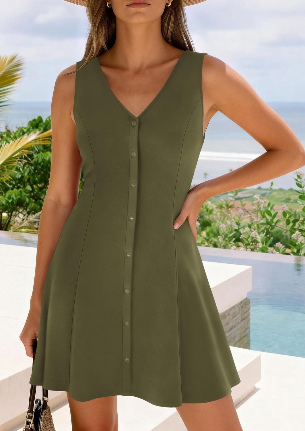 imagePRETTYGARDEN Summer Dresses for Women 2026 V Neck Sleeveless A Line Tank Top Spring Casual Beach Vacation Short SundressesArmy Green