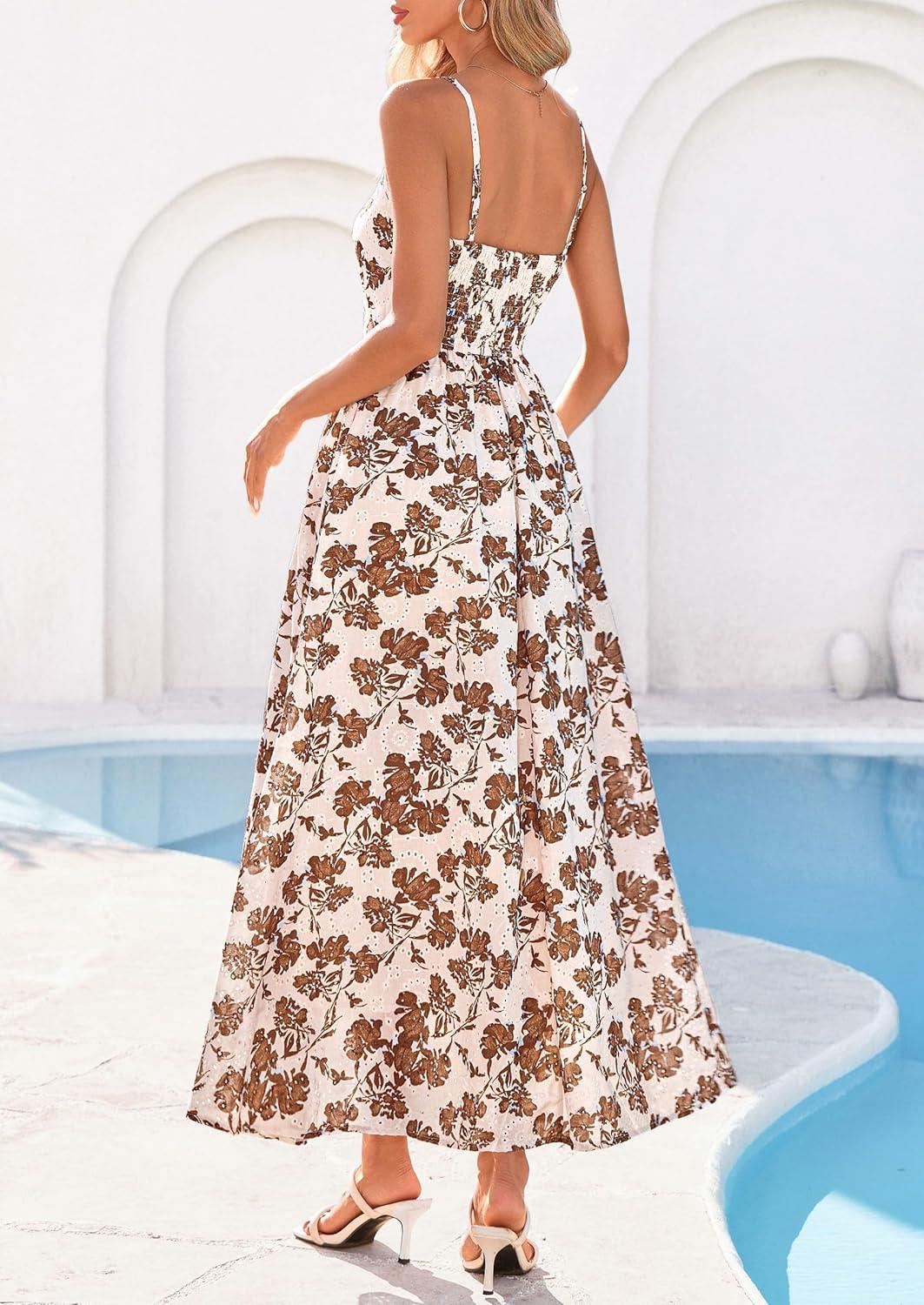 imagePRETTYGARDEN Womens 2026 Spring Boho Maxi Dress Eyelet Floral Long Flowy Sundresses Summer Beach Vacation ClothesFloral Apricot Brown