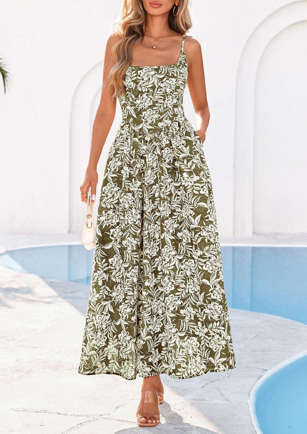 imagePRETTYGARDEN Womens 2026 Spring Boho Maxi Dress Eyelet Floral Long Flowy Sundresses Summer Beach Vacation ClothesFloral Army Green
