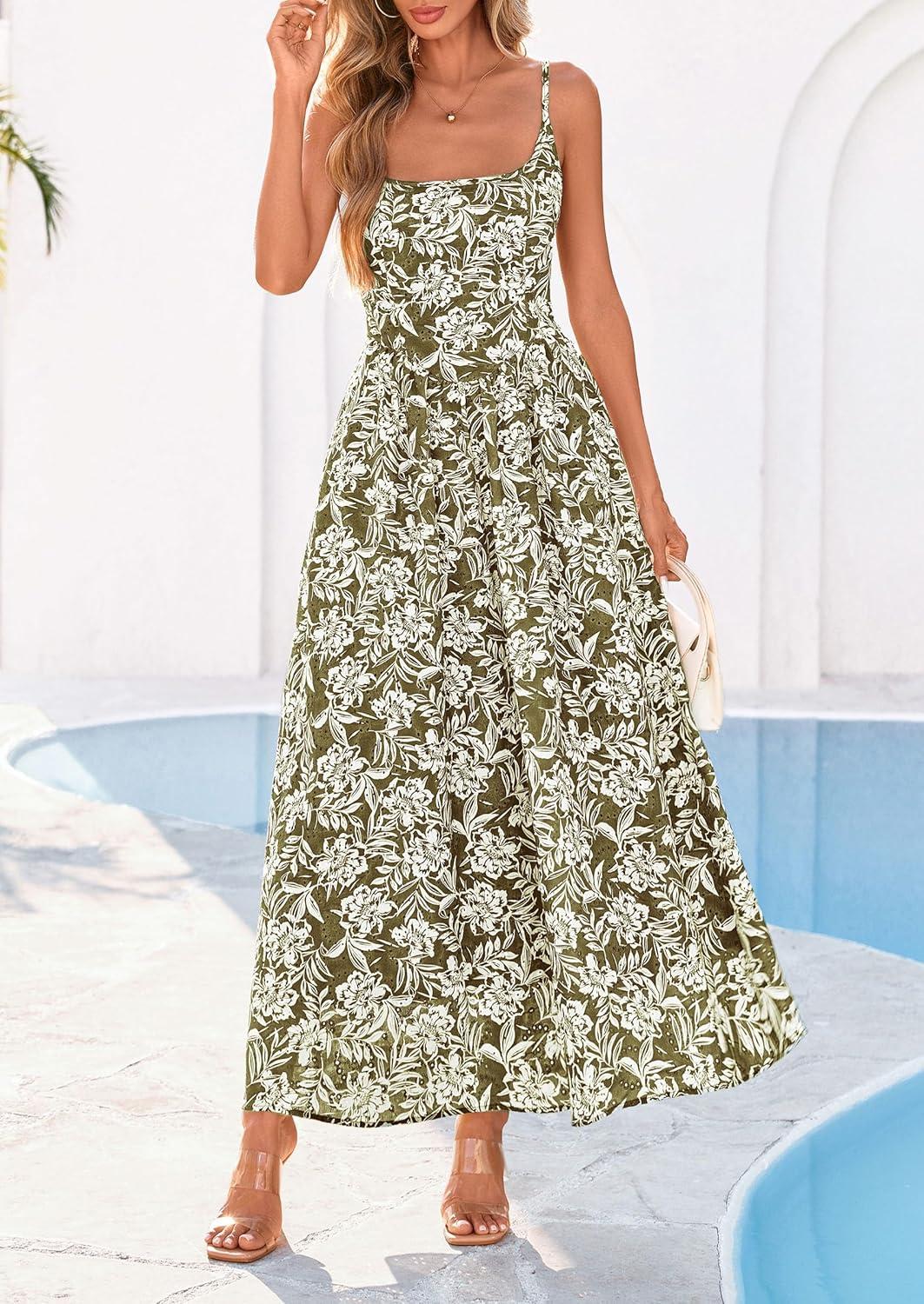 imagePRETTYGARDEN Womens 2026 Spring Boho Maxi Dress Eyelet Floral Long Flowy Sundresses Summer Beach Vacation ClothesFloral Army Green
