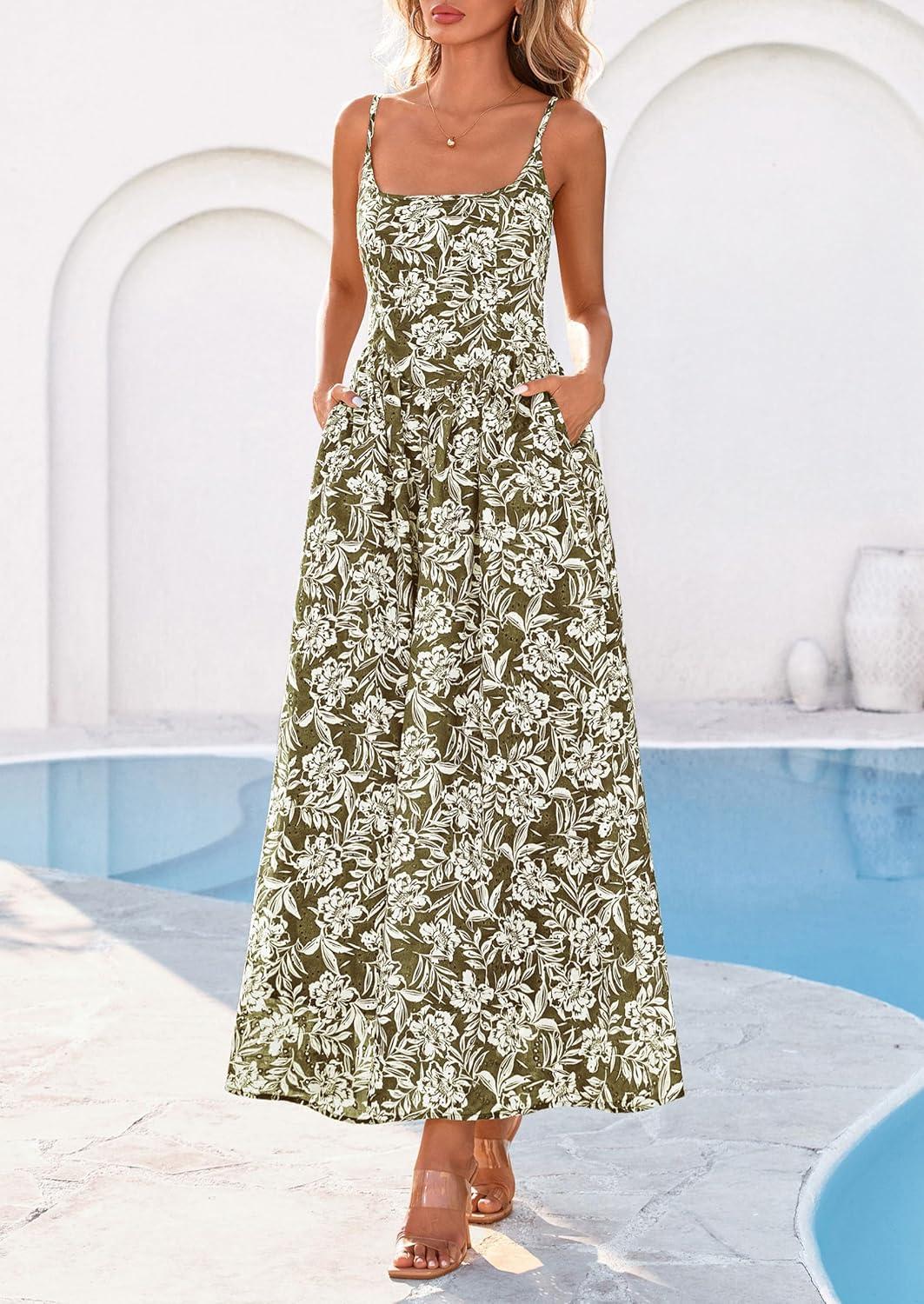 imagePRETTYGARDEN Womens 2026 Spring Boho Maxi Dress Eyelet Floral Long Flowy Sundresses Summer Beach Vacation ClothesFloral Army Green