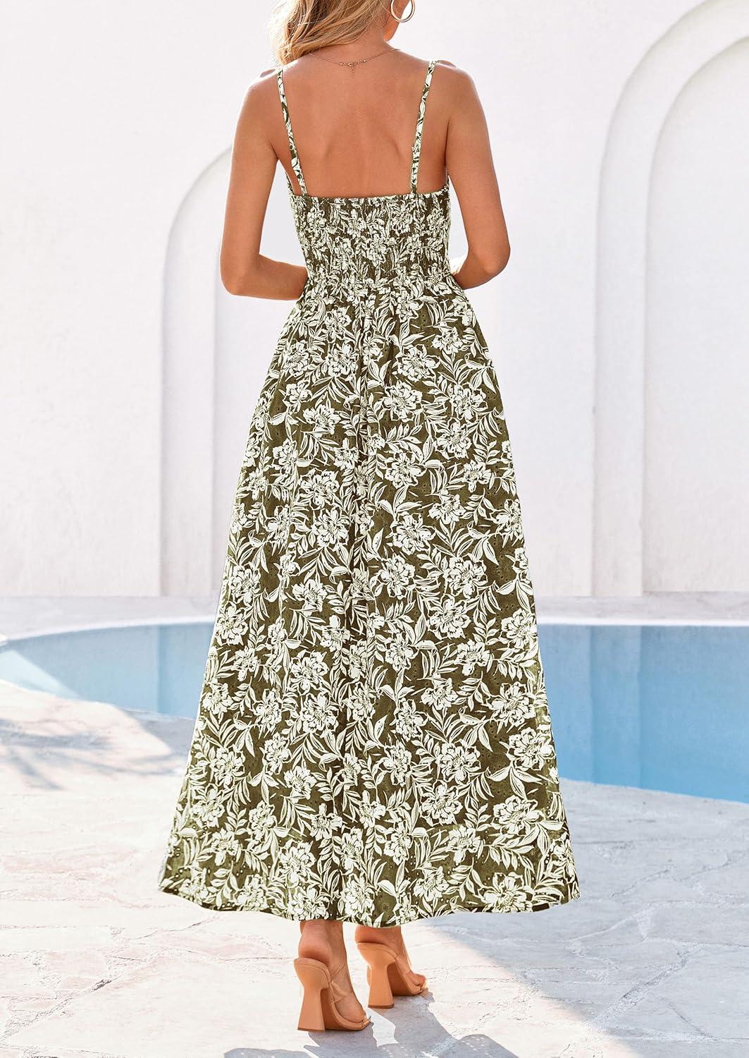 imagePRETTYGARDEN Womens 2026 Spring Boho Maxi Dress Eyelet Floral Long Flowy Sundresses Summer Beach Vacation ClothesFloral Army Green