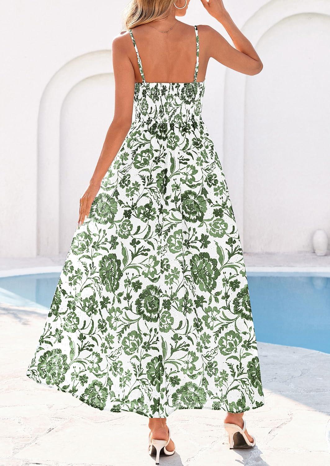 imagePRETTYGARDEN Womens 2026 Spring Boho Maxi Dress Eyelet Floral Long Flowy Sundresses Summer Beach Vacation ClothesFloral White Army Green