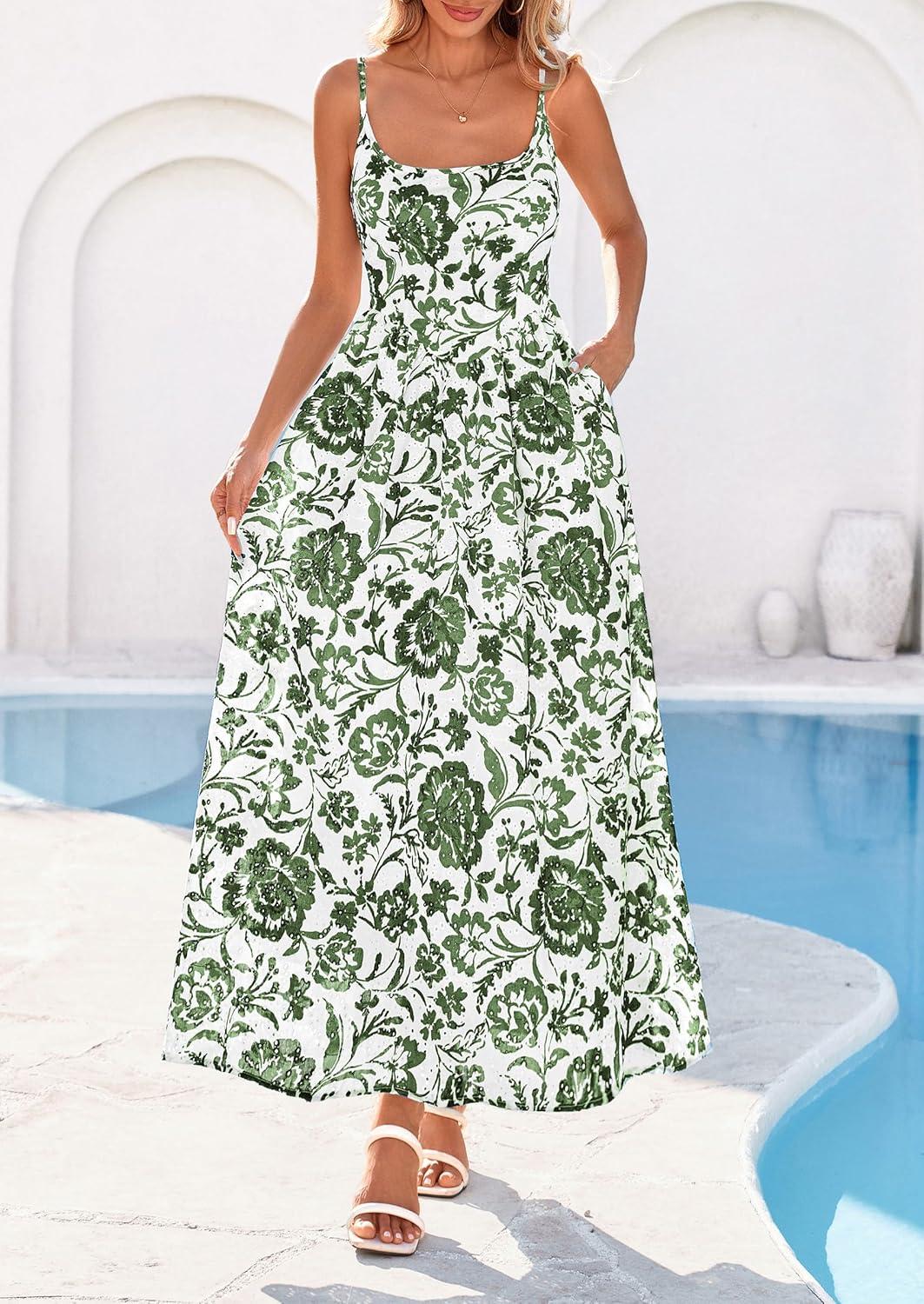 imagePRETTYGARDEN Womens 2026 Spring Boho Maxi Dress Eyelet Floral Long Flowy Sundresses Summer Beach Vacation ClothesFloral White Army Green