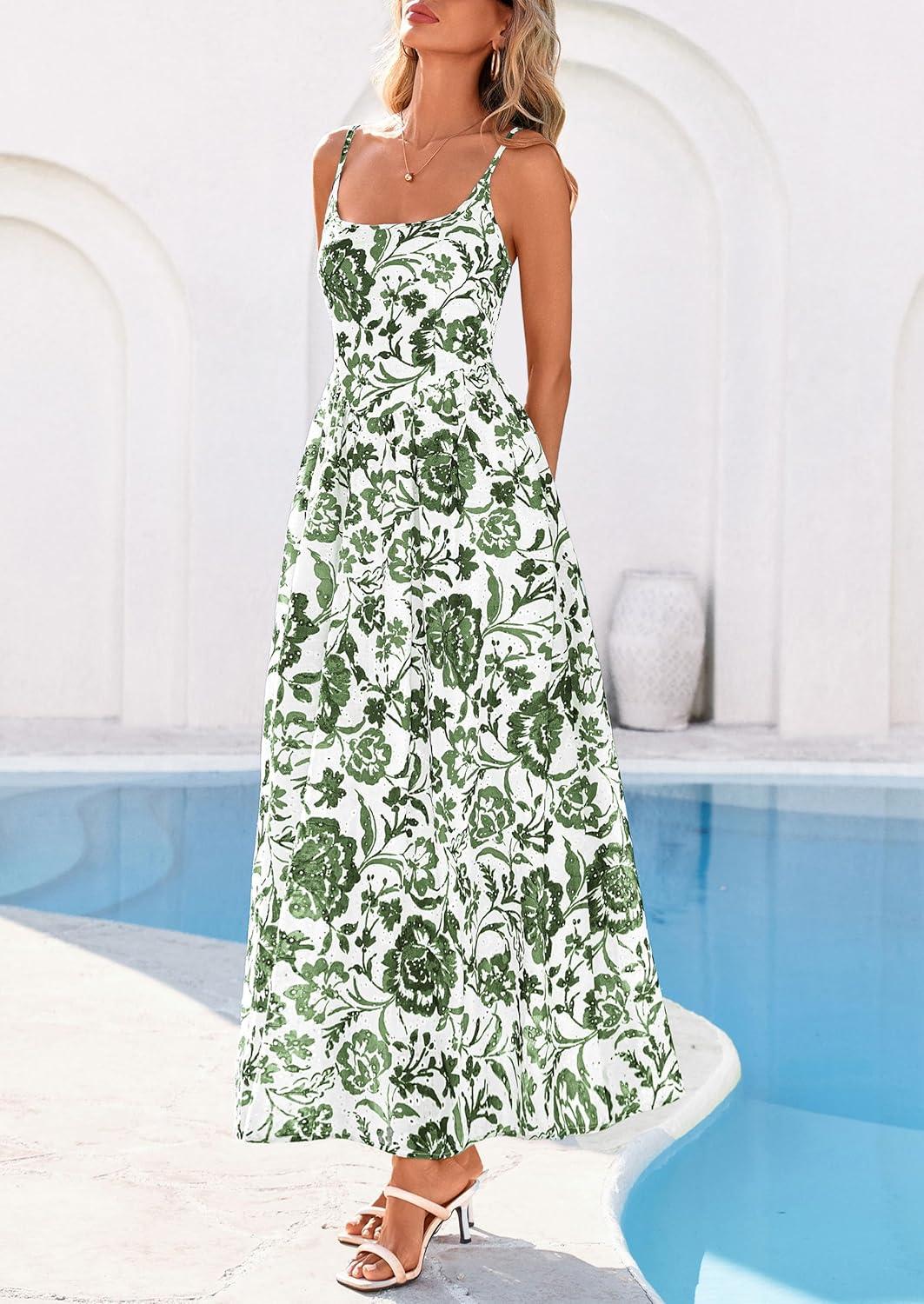 imagePRETTYGARDEN Womens 2026 Spring Boho Maxi Dress Eyelet Floral Long Flowy Sundresses Summer Beach Vacation ClothesFloral White Army Green