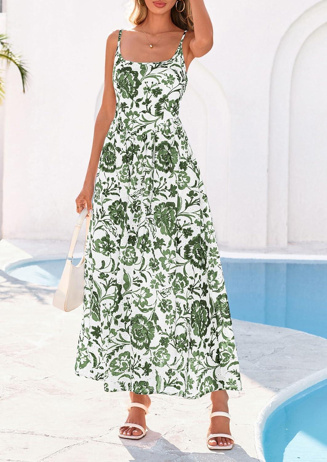 imagePRETTYGARDEN Womens 2026 Spring Boho Maxi Dress Eyelet Floral Long Flowy Sundresses Summer Beach Vacation ClothesFloral White Army Green