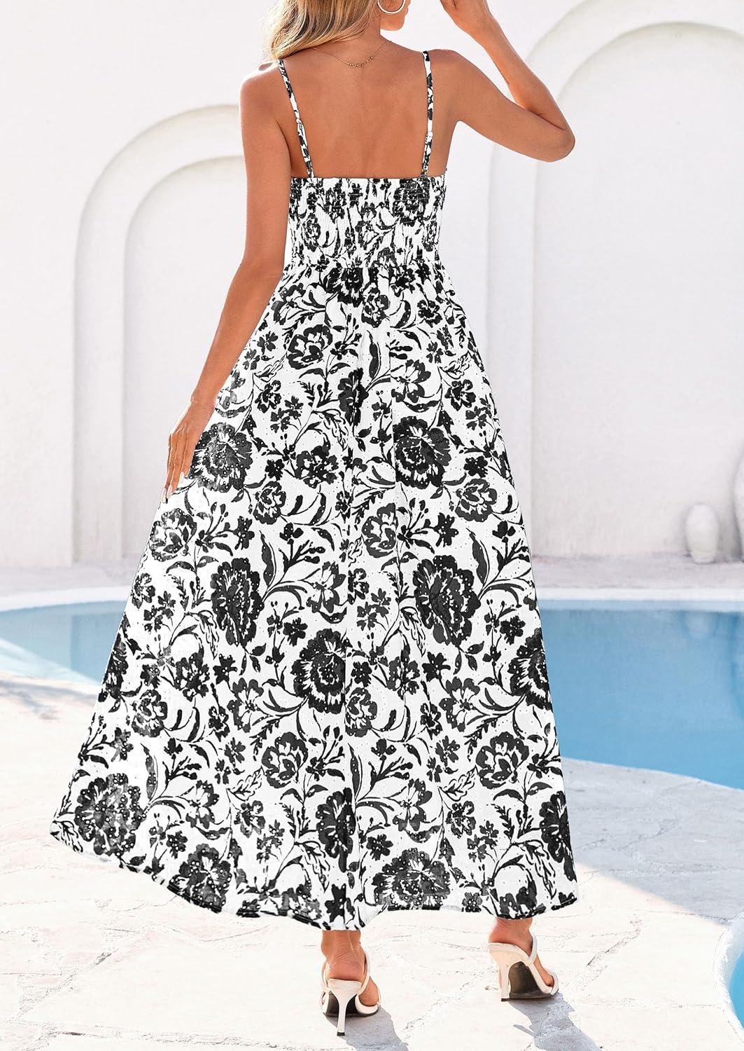 imagePRETTYGARDEN Womens 2026 Spring Boho Maxi Dress Eyelet Floral Long Flowy Sundresses Summer Beach Vacation ClothesFloral White Black