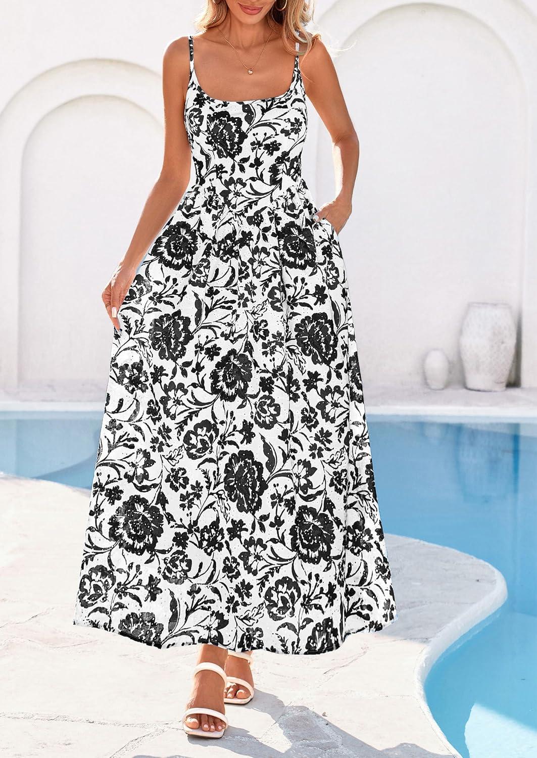 imagePRETTYGARDEN Womens 2026 Spring Boho Maxi Dress Eyelet Floral Long Flowy Sundresses Summer Beach Vacation ClothesFloral White Black