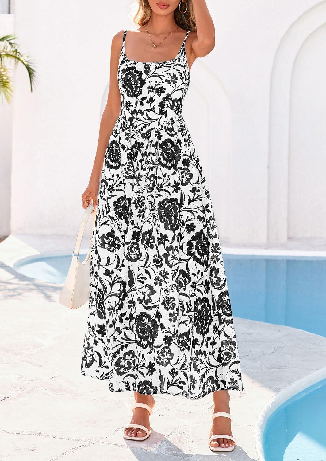 imagePRETTYGARDEN Womens 2026 Spring Boho Maxi Dress Eyelet Floral Long Flowy Sundresses Summer Beach Vacation ClothesFloral White Black