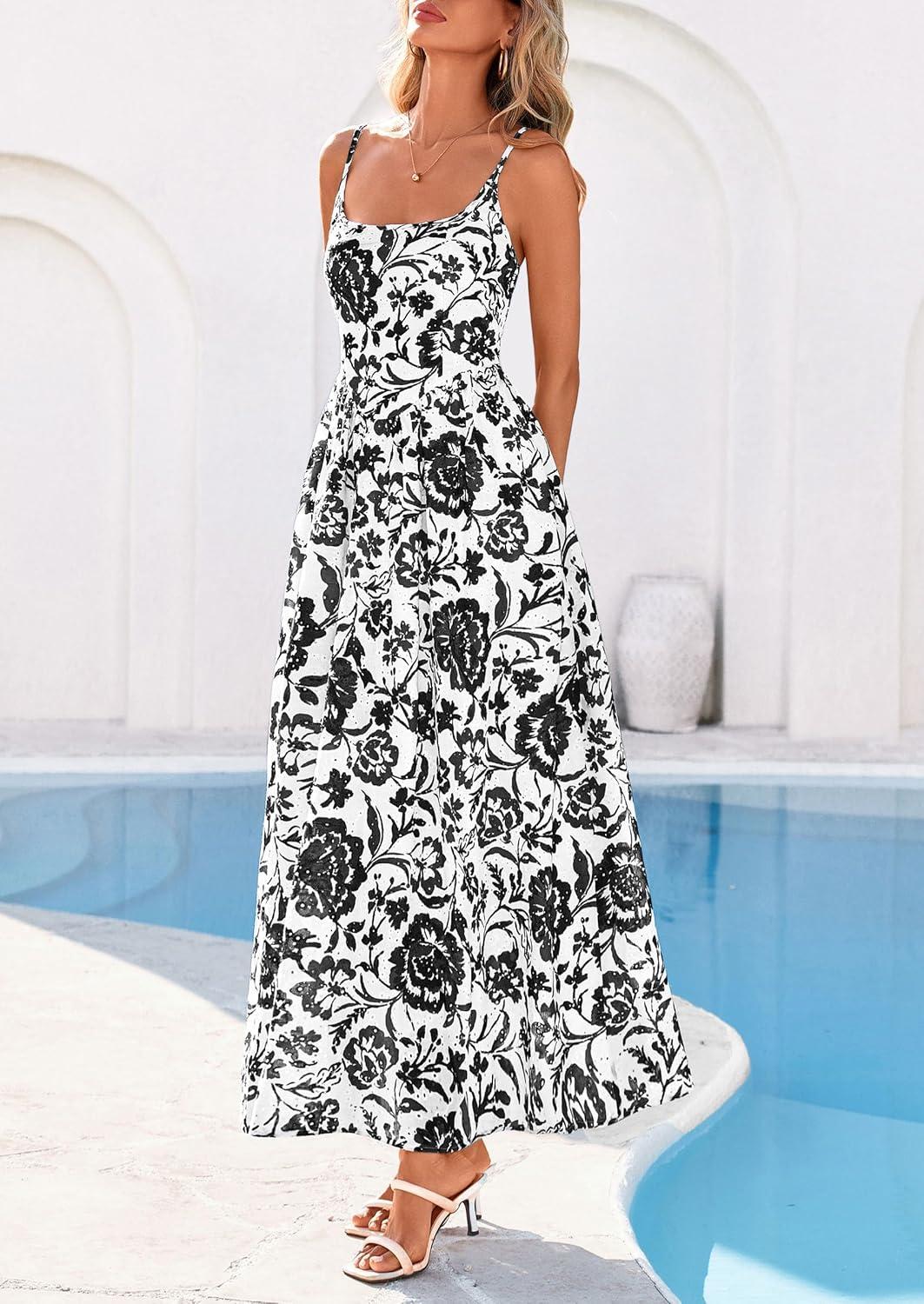 imagePRETTYGARDEN Womens 2026 Spring Boho Maxi Dress Eyelet Floral Long Flowy Sundresses Summer Beach Vacation ClothesFloral White Black