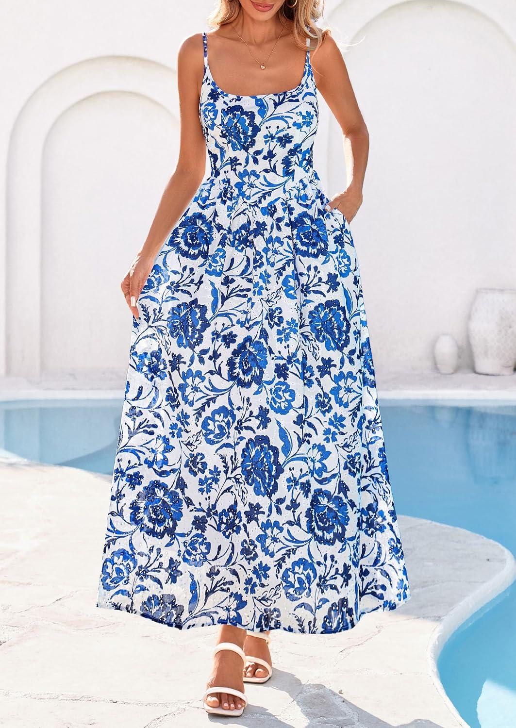 imagePRETTYGARDEN Womens 2026 Spring Boho Maxi Dress Eyelet Floral Long Flowy Sundresses Summer Beach Vacation ClothesFloral White Blue