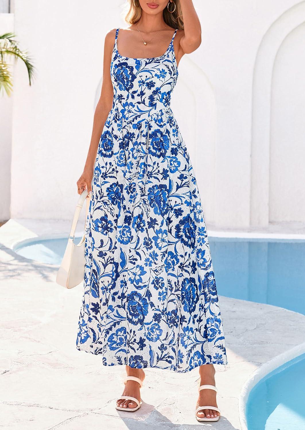 imagePRETTYGARDEN Womens 2026 Spring Boho Maxi Dress Eyelet Floral Long Flowy Sundresses Summer Beach Vacation ClothesFloral White Blue