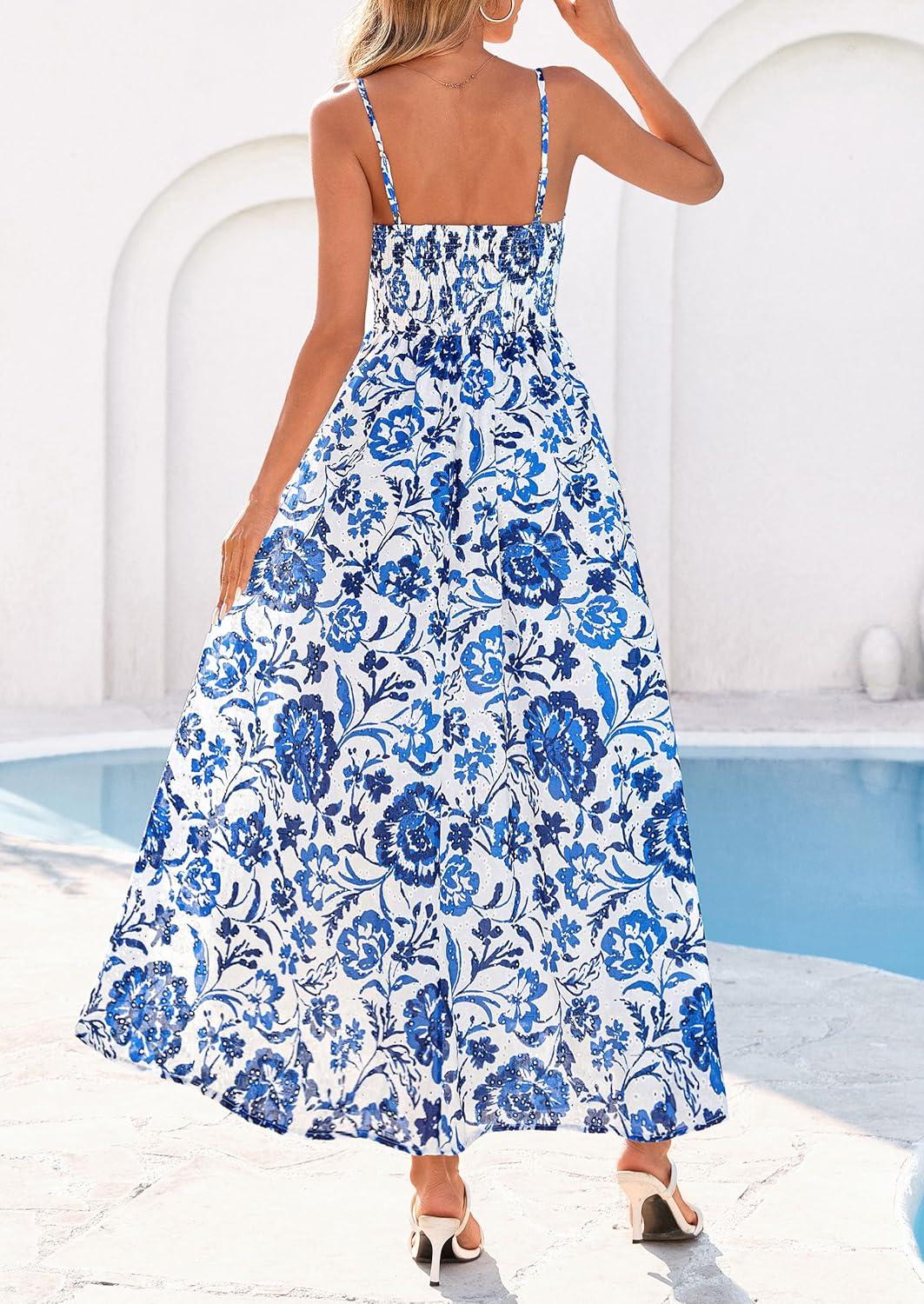 imagePRETTYGARDEN Womens 2026 Spring Boho Maxi Dress Eyelet Floral Long Flowy Sundresses Summer Beach Vacation ClothesFloral White Blue