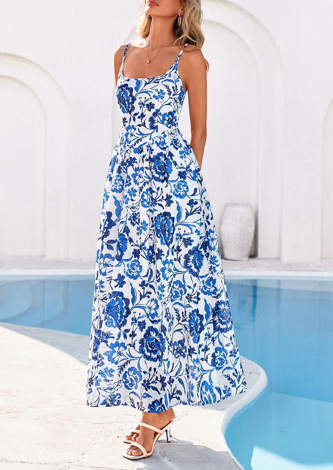 imagePRETTYGARDEN Womens 2026 Spring Boho Maxi Dress Eyelet Floral Long Flowy Sundresses Summer Beach Vacation ClothesFloral White Blue