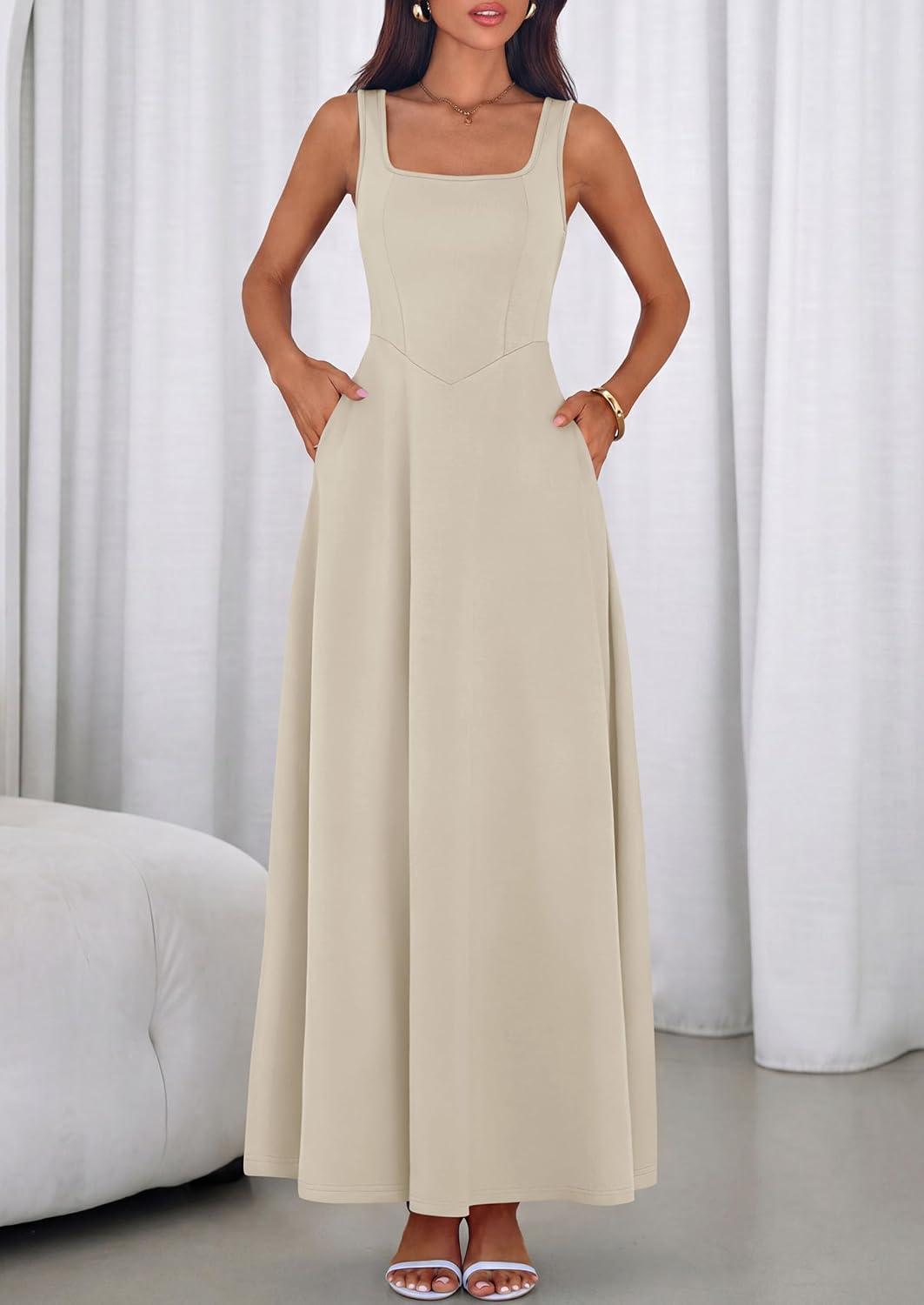 imagePRETTYGARDEN Womens Summer Dresses 2026 Sleeveless Elegant Square Neck Aline Swing Maxi Beach Wedding Guest Dress PocketsBeige
