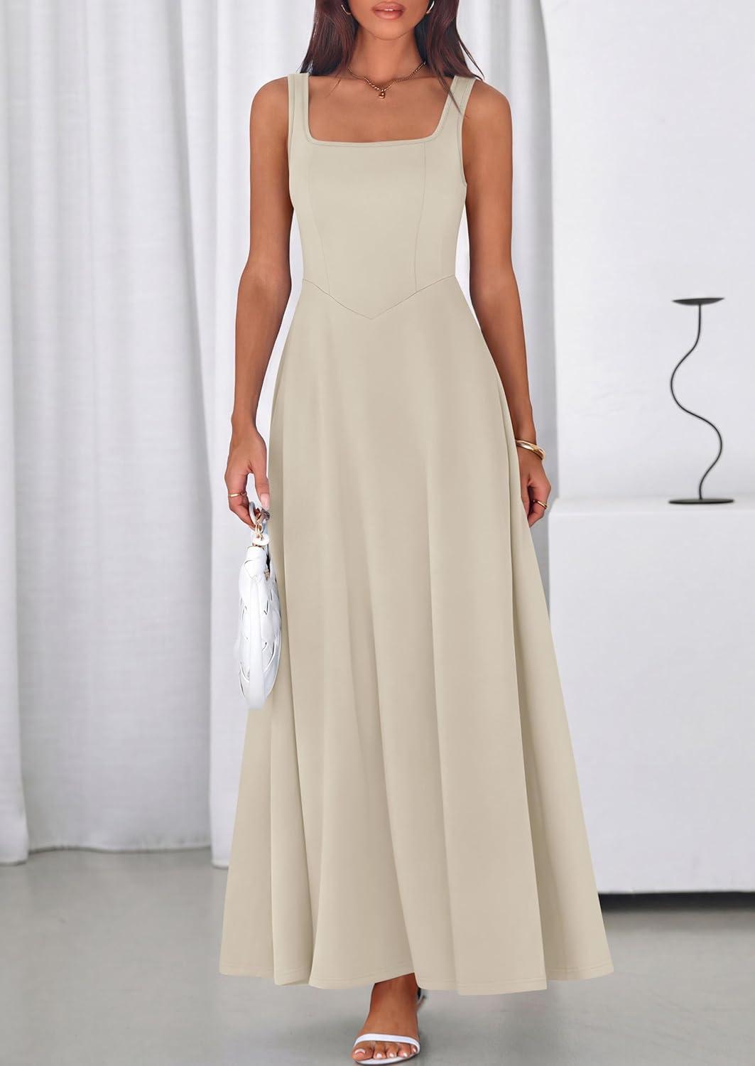 imagePRETTYGARDEN Womens Summer Dresses 2026 Sleeveless Elegant Square Neck Aline Swing Maxi Beach Wedding Guest Dress PocketsBeige