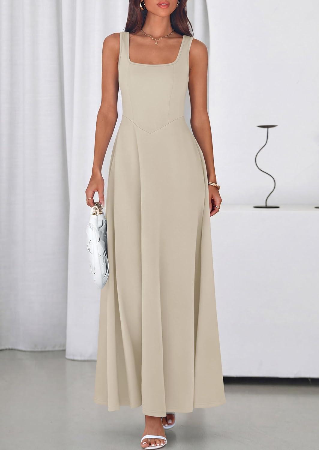 imagePRETTYGARDEN Womens Summer Dresses 2026 Sleeveless Elegant Square Neck Aline Swing Maxi Beach Wedding Guest Dress PocketsBeige