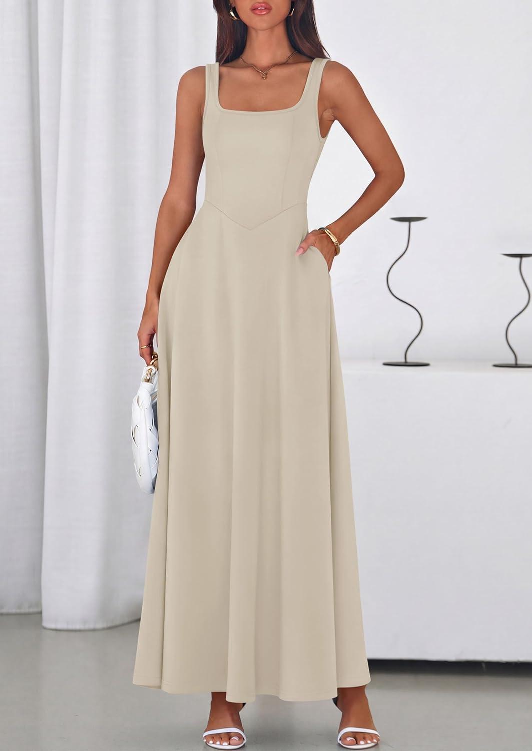 imagePRETTYGARDEN Womens Summer Dresses 2026 Sleeveless Elegant Square Neck Aline Swing Maxi Beach Wedding Guest Dress PocketsBeige