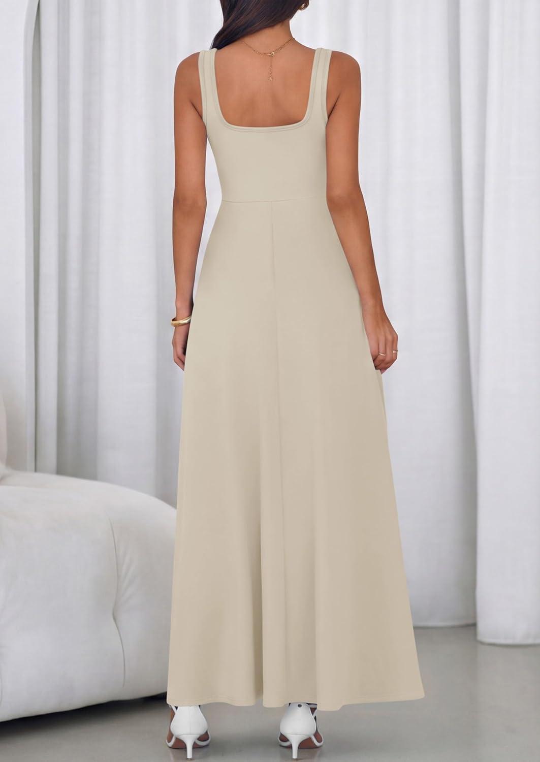 imagePRETTYGARDEN Womens Summer Dresses 2026 Sleeveless Elegant Square Neck Aline Swing Maxi Beach Wedding Guest Dress PocketsBeige