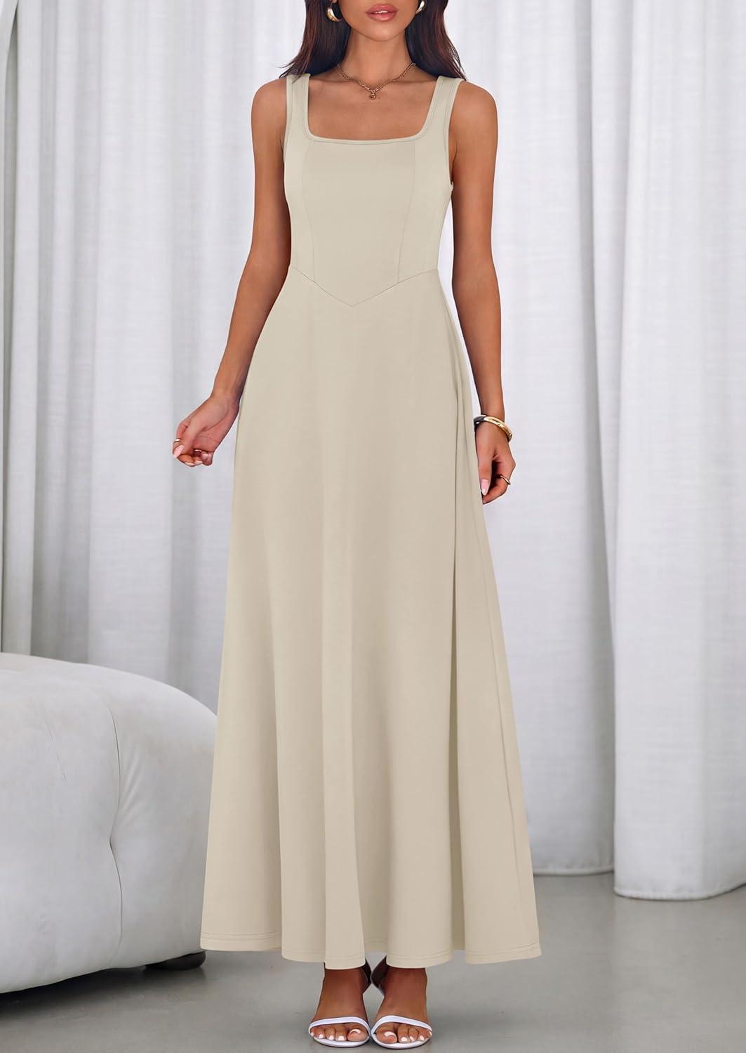 imagePRETTYGARDEN Womens Summer Dresses 2026 Sleeveless Elegant Square Neck Aline Swing Maxi Beach Wedding Guest Dress PocketsBeige