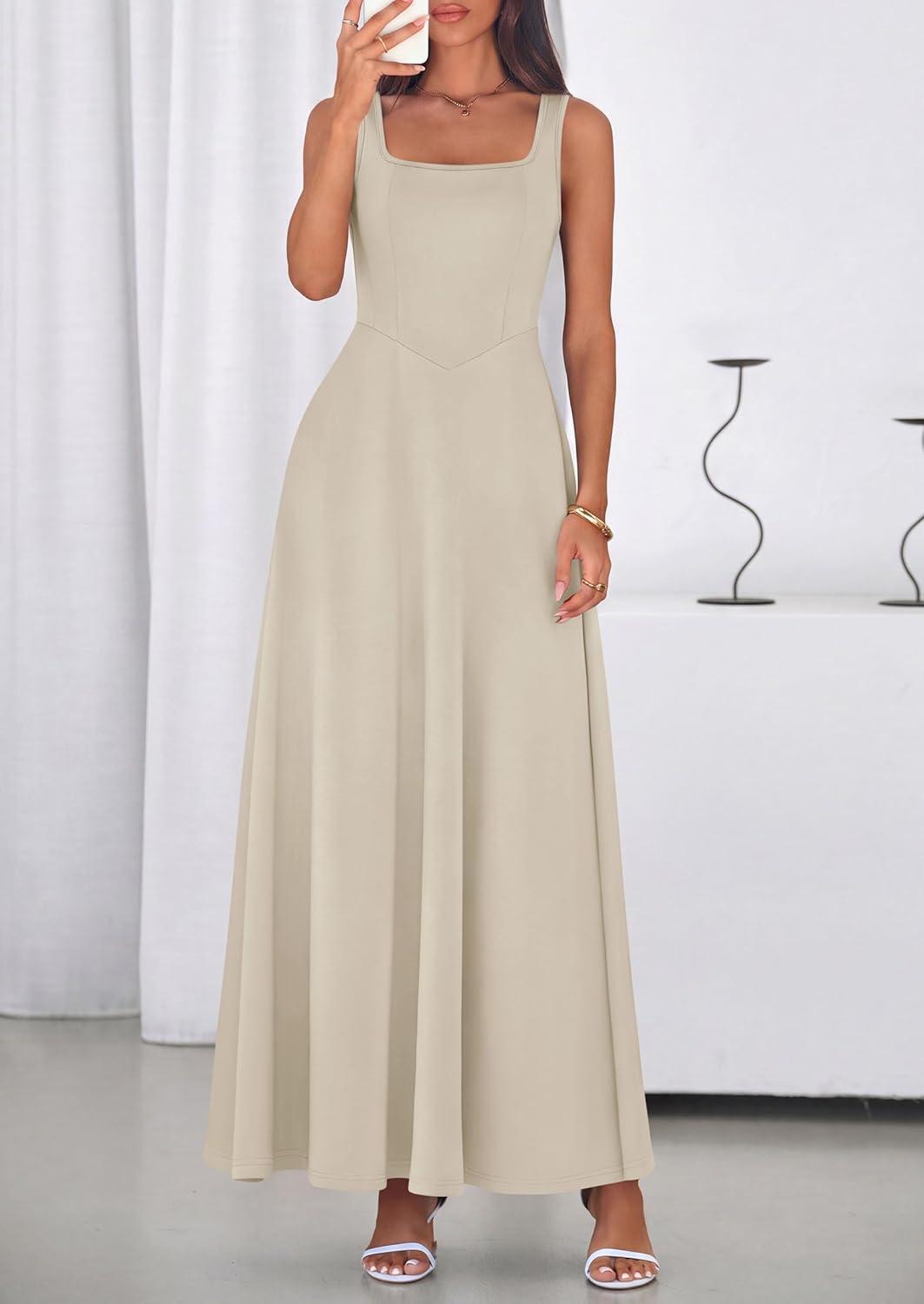 imagePRETTYGARDEN Womens Summer Dresses 2026 Sleeveless Elegant Square Neck Aline Swing Maxi Beach Wedding Guest Dress PocketsBeige