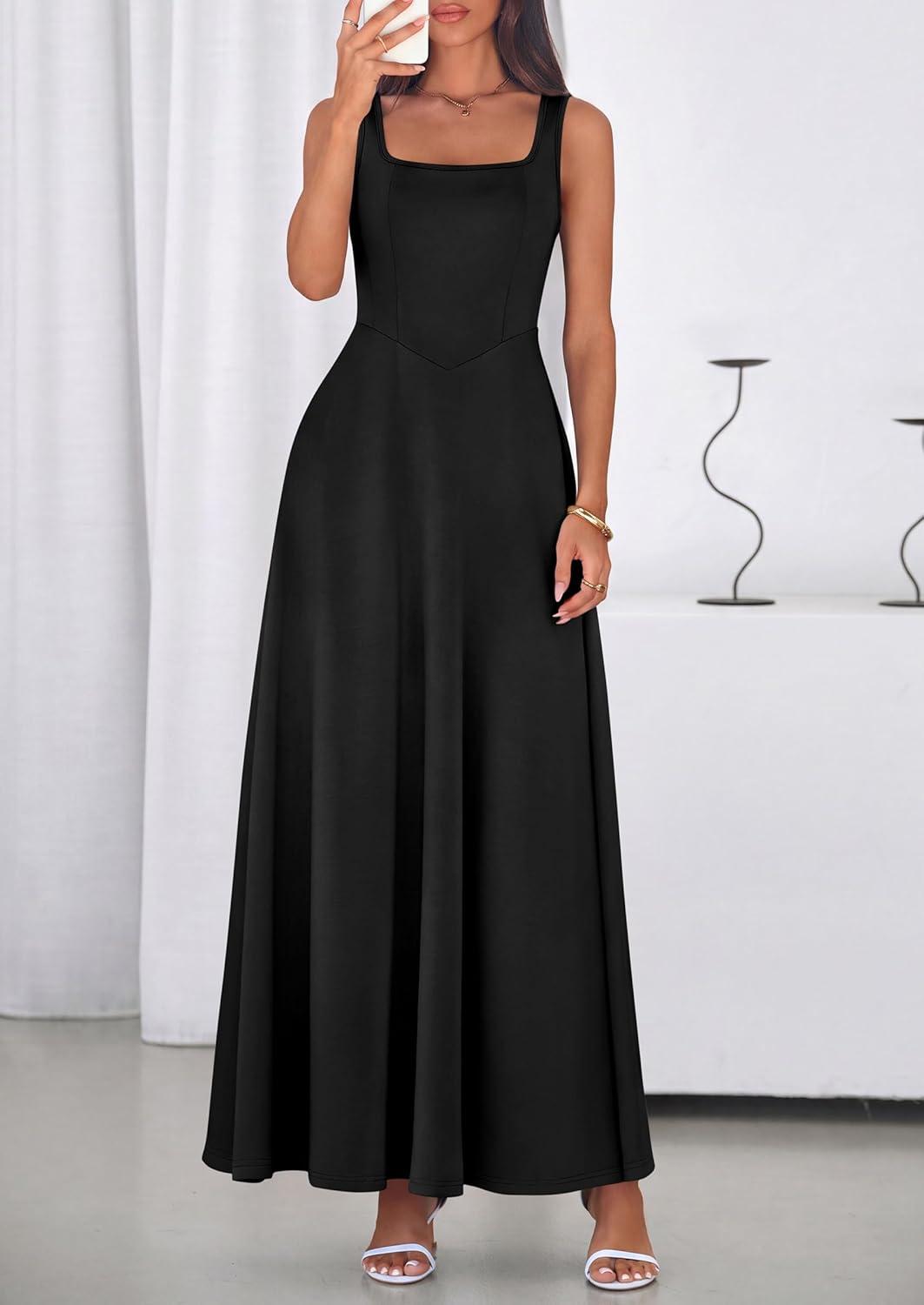 imagePRETTYGARDEN Womens Summer Dresses 2026 Sleeveless Elegant Square Neck Aline Swing Maxi Beach Wedding Guest Dress PocketsBlack