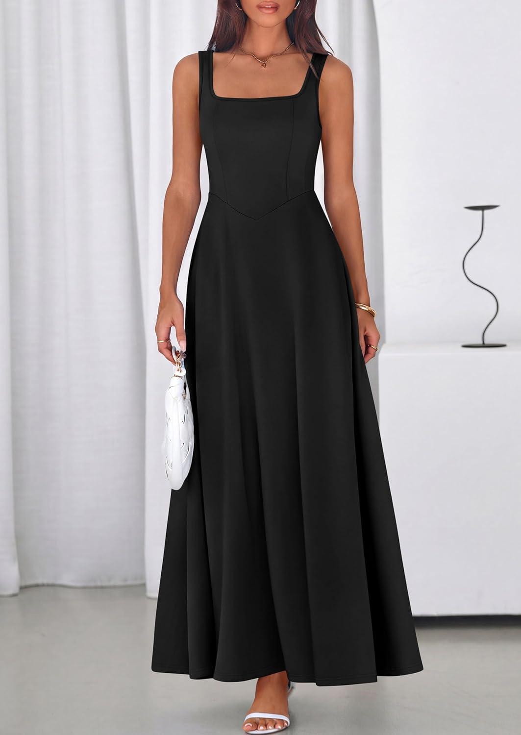 imagePRETTYGARDEN Womens Summer Dresses 2026 Sleeveless Elegant Square Neck Aline Swing Maxi Beach Wedding Guest Dress PocketsBlack