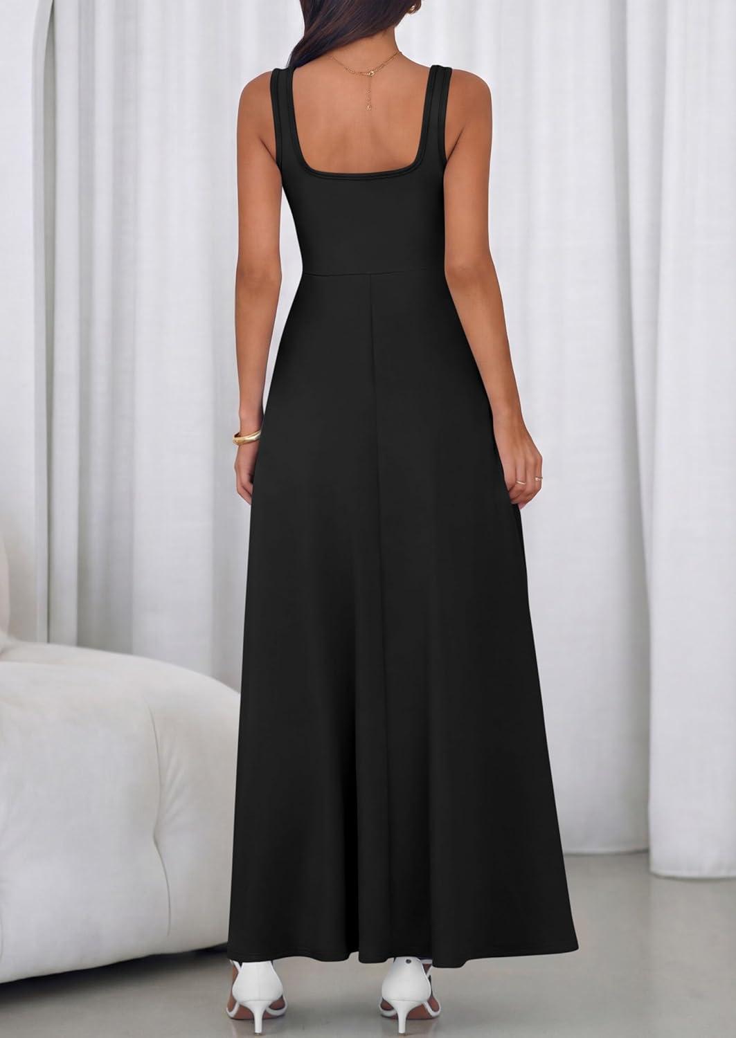 imagePRETTYGARDEN Womens Summer Dresses 2026 Sleeveless Elegant Square Neck Aline Swing Maxi Beach Wedding Guest Dress PocketsBlack