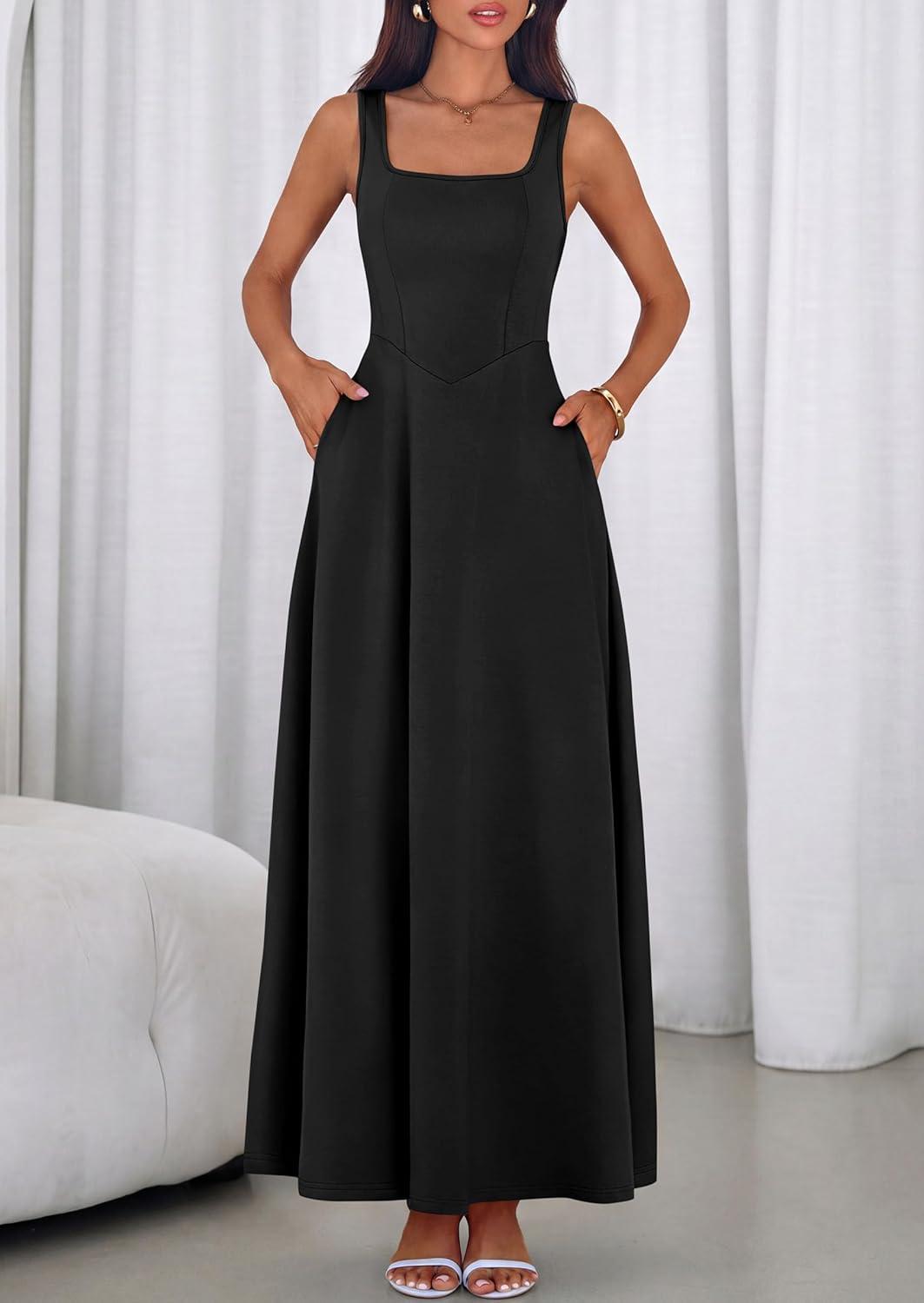 imagePRETTYGARDEN Womens Summer Dresses 2026 Sleeveless Elegant Square Neck Aline Swing Maxi Beach Wedding Guest Dress PocketsBlack