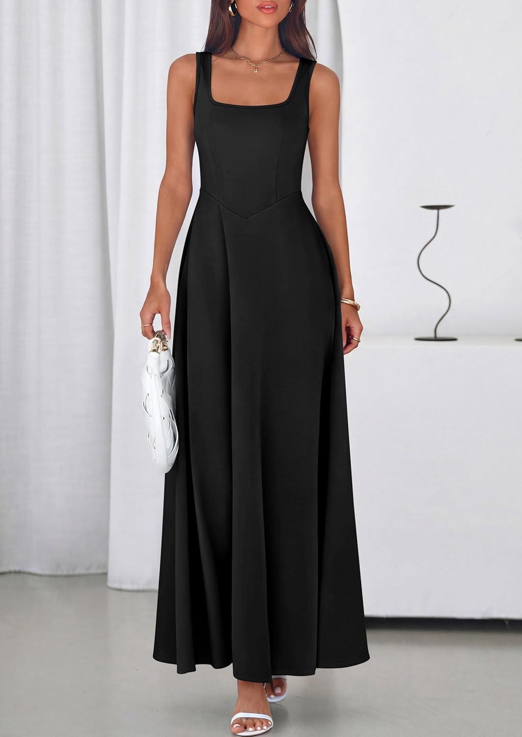 imagePRETTYGARDEN Womens Summer Dresses 2026 Sleeveless Elegant Square Neck Aline Swing Maxi Beach Wedding Guest Dress PocketsBlack