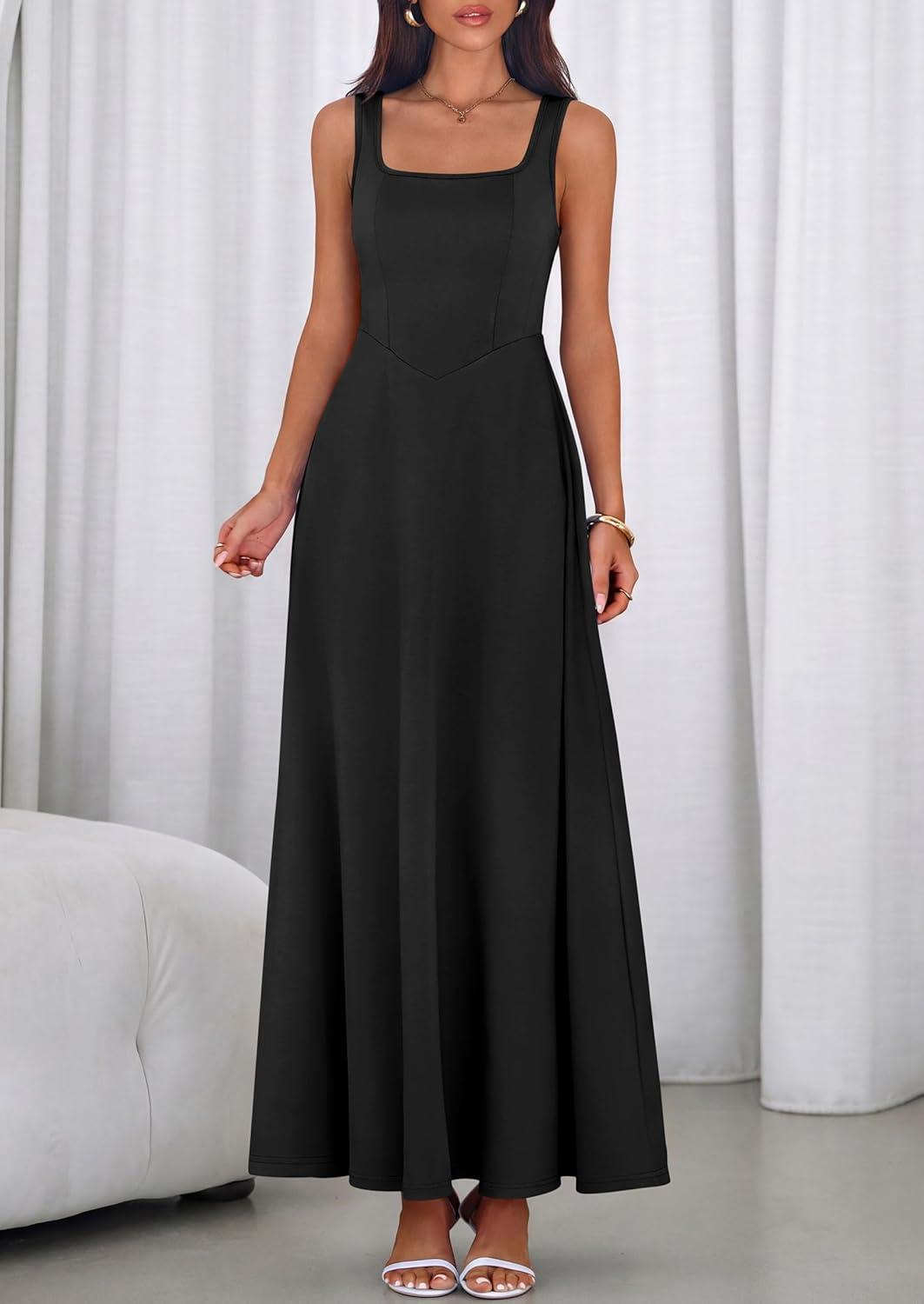 imagePRETTYGARDEN Womens Summer Dresses 2026 Sleeveless Elegant Square Neck Aline Swing Maxi Beach Wedding Guest Dress PocketsBlack
