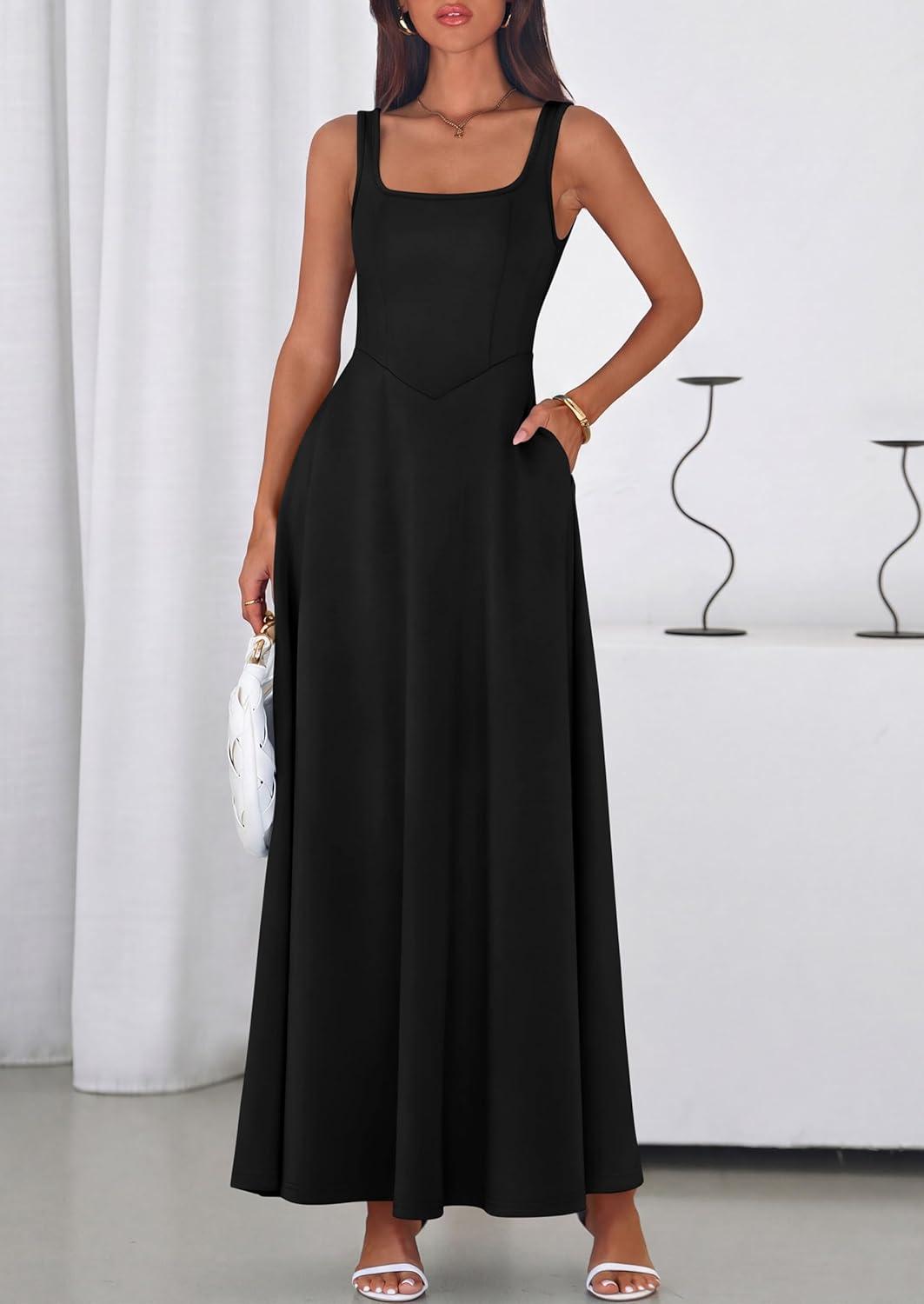 imagePRETTYGARDEN Womens Summer Dresses 2026 Sleeveless Elegant Square Neck Aline Swing Maxi Beach Wedding Guest Dress PocketsBlack