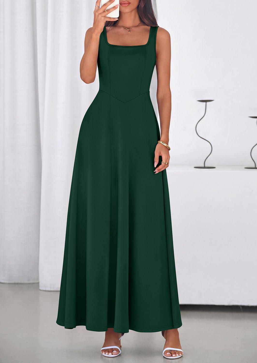 imagePRETTYGARDEN Womens Summer Dresses 2026 Sleeveless Elegant Square Neck Aline Swing Maxi Beach Wedding Guest Dress PocketsDark Green