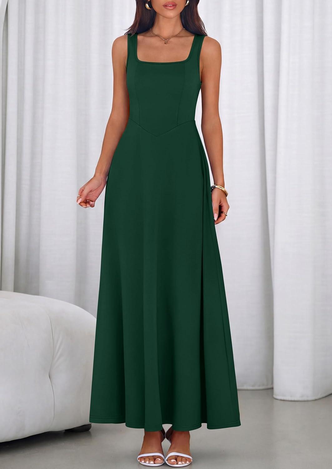 imagePRETTYGARDEN Womens Summer Dresses 2026 Sleeveless Elegant Square Neck Aline Swing Maxi Beach Wedding Guest Dress PocketsDark Green