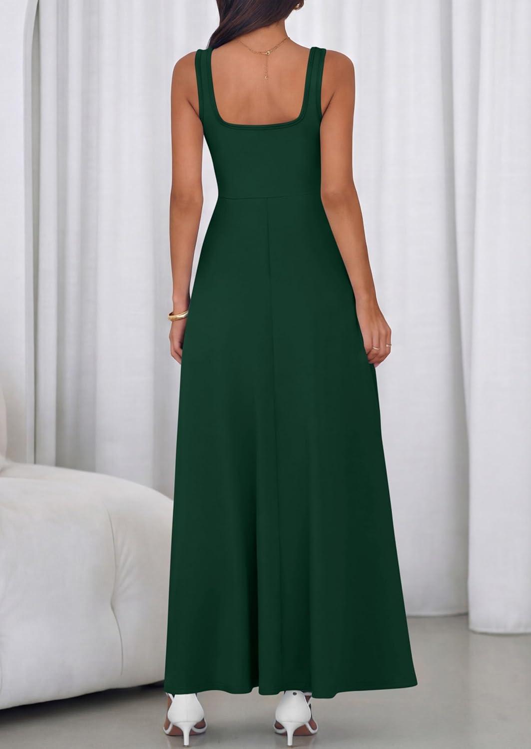 imagePRETTYGARDEN Womens Summer Dresses 2026 Sleeveless Elegant Square Neck Aline Swing Maxi Beach Wedding Guest Dress PocketsDark Green