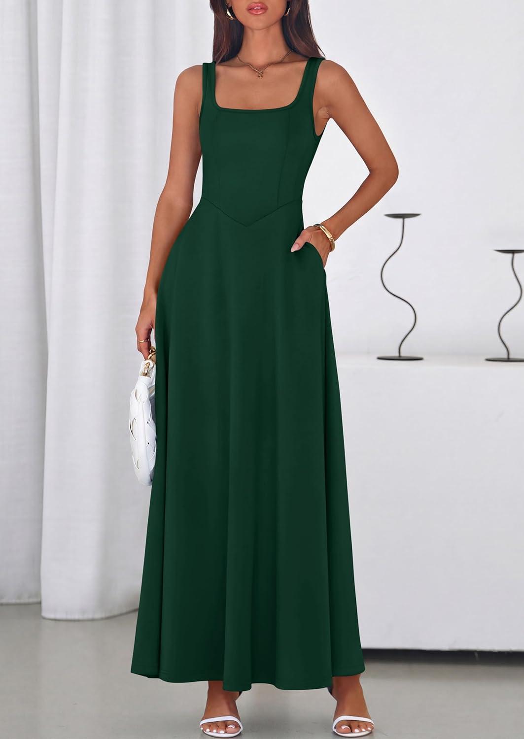 imagePRETTYGARDEN Womens Summer Dresses 2026 Sleeveless Elegant Square Neck Aline Swing Maxi Beach Wedding Guest Dress PocketsDark Green