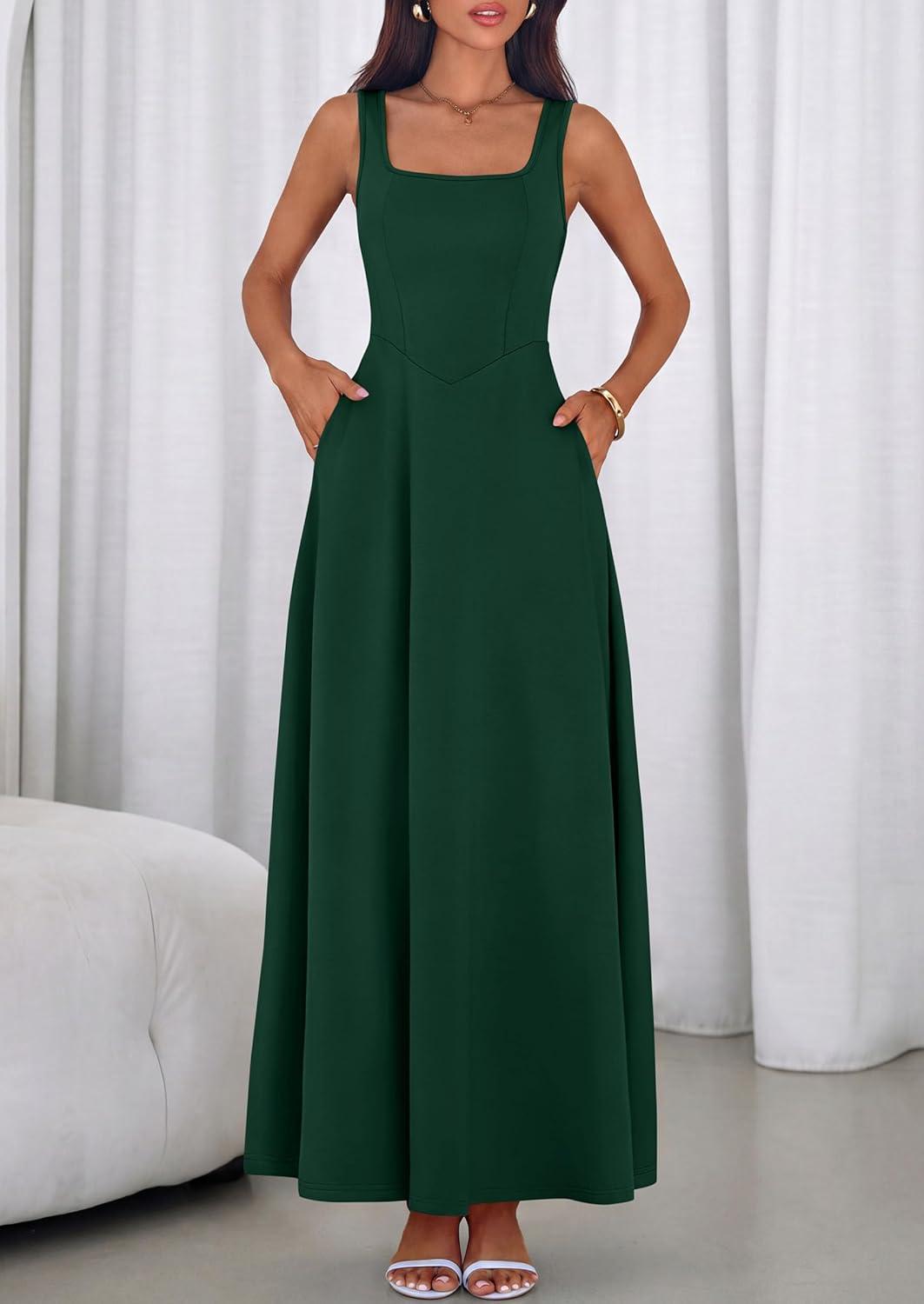 imagePRETTYGARDEN Womens Summer Dresses 2026 Sleeveless Elegant Square Neck Aline Swing Maxi Beach Wedding Guest Dress PocketsDark Green