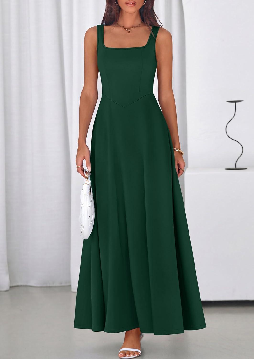 imagePRETTYGARDEN Womens Summer Dresses 2026 Sleeveless Elegant Square Neck Aline Swing Maxi Beach Wedding Guest Dress PocketsDark Green