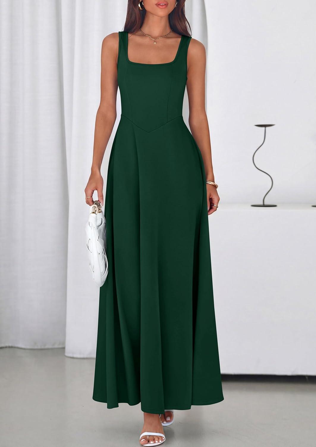 imagePRETTYGARDEN Womens Summer Dresses 2026 Sleeveless Elegant Square Neck Aline Swing Maxi Beach Wedding Guest Dress PocketsDark Green