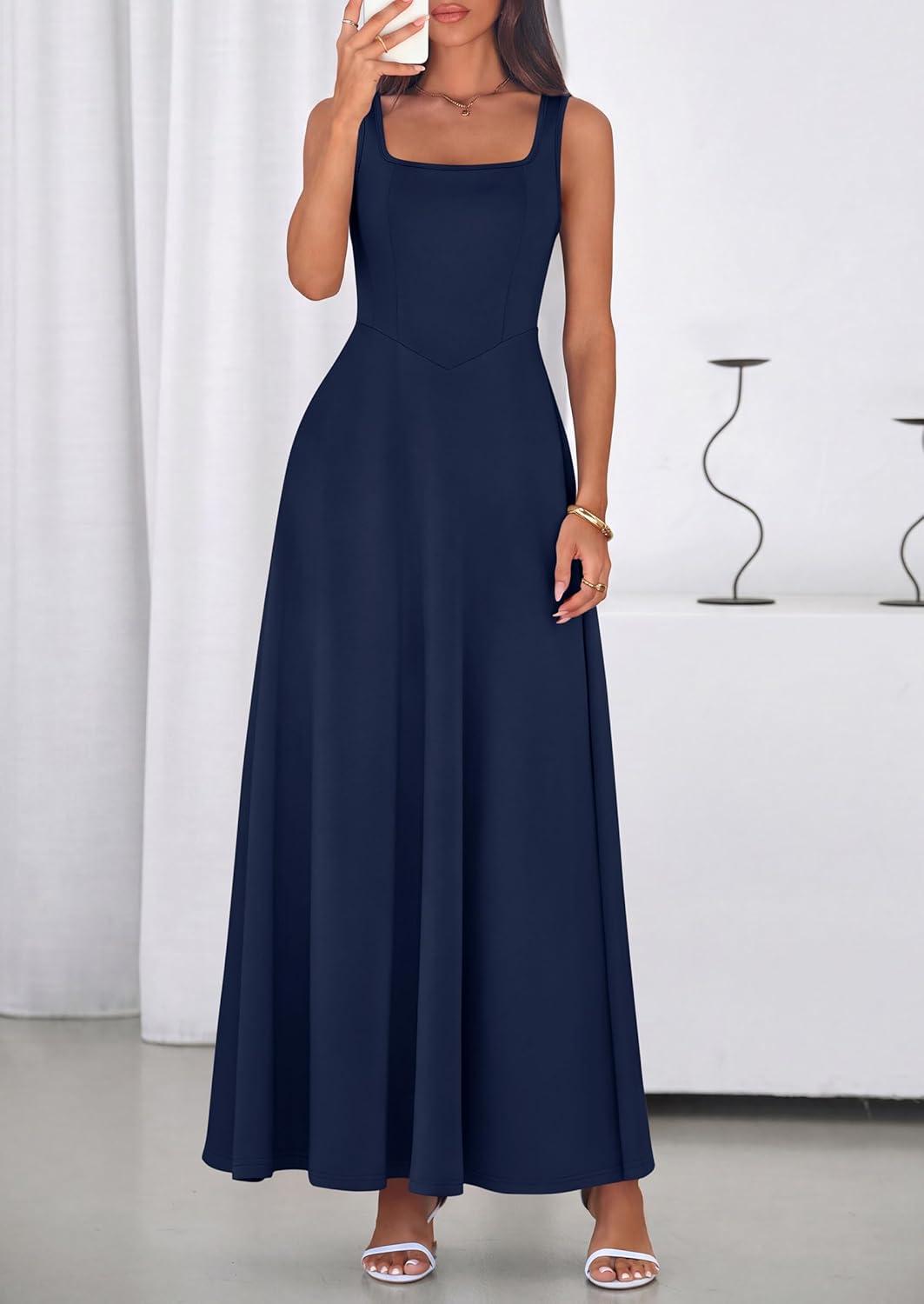imagePRETTYGARDEN Womens Summer Dresses 2026 Sleeveless Elegant Square Neck Aline Swing Maxi Beach Wedding Guest Dress PocketsNavy