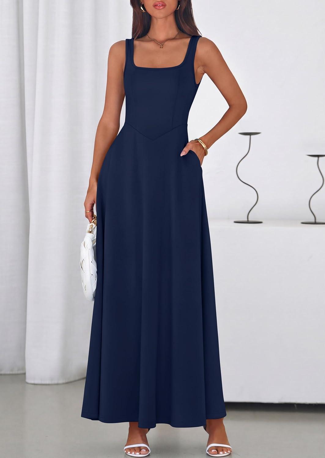 imagePRETTYGARDEN Womens Summer Dresses 2026 Sleeveless Elegant Square Neck Aline Swing Maxi Beach Wedding Guest Dress PocketsNavy