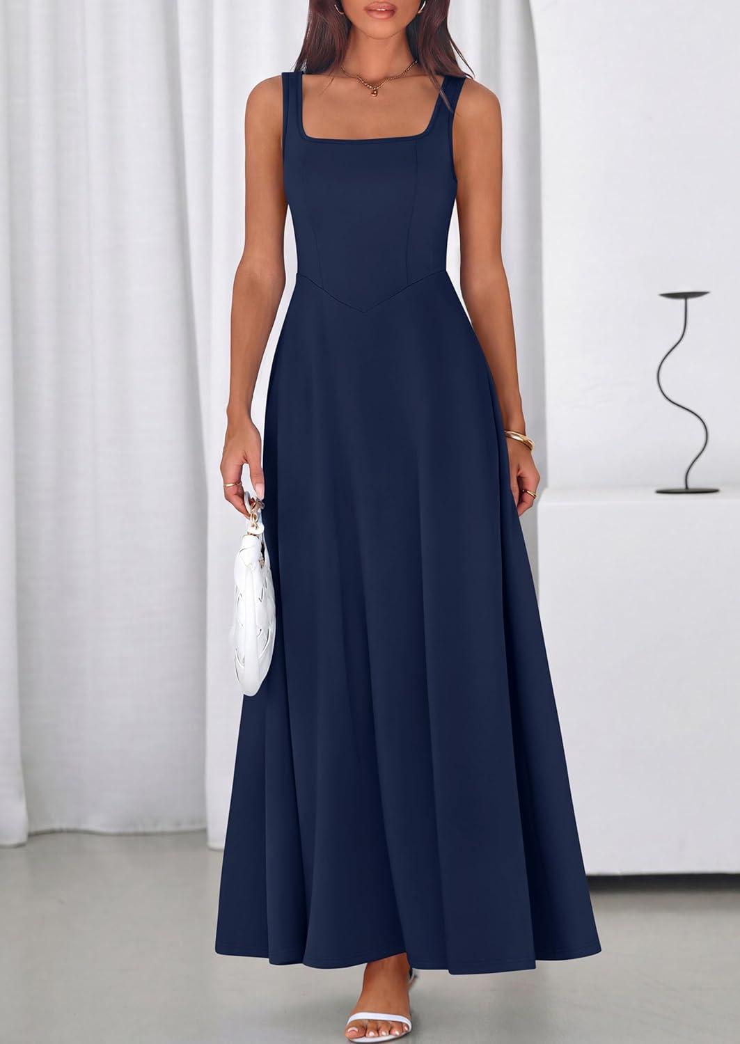 imagePRETTYGARDEN Womens Summer Dresses 2026 Sleeveless Elegant Square Neck Aline Swing Maxi Beach Wedding Guest Dress PocketsNavy