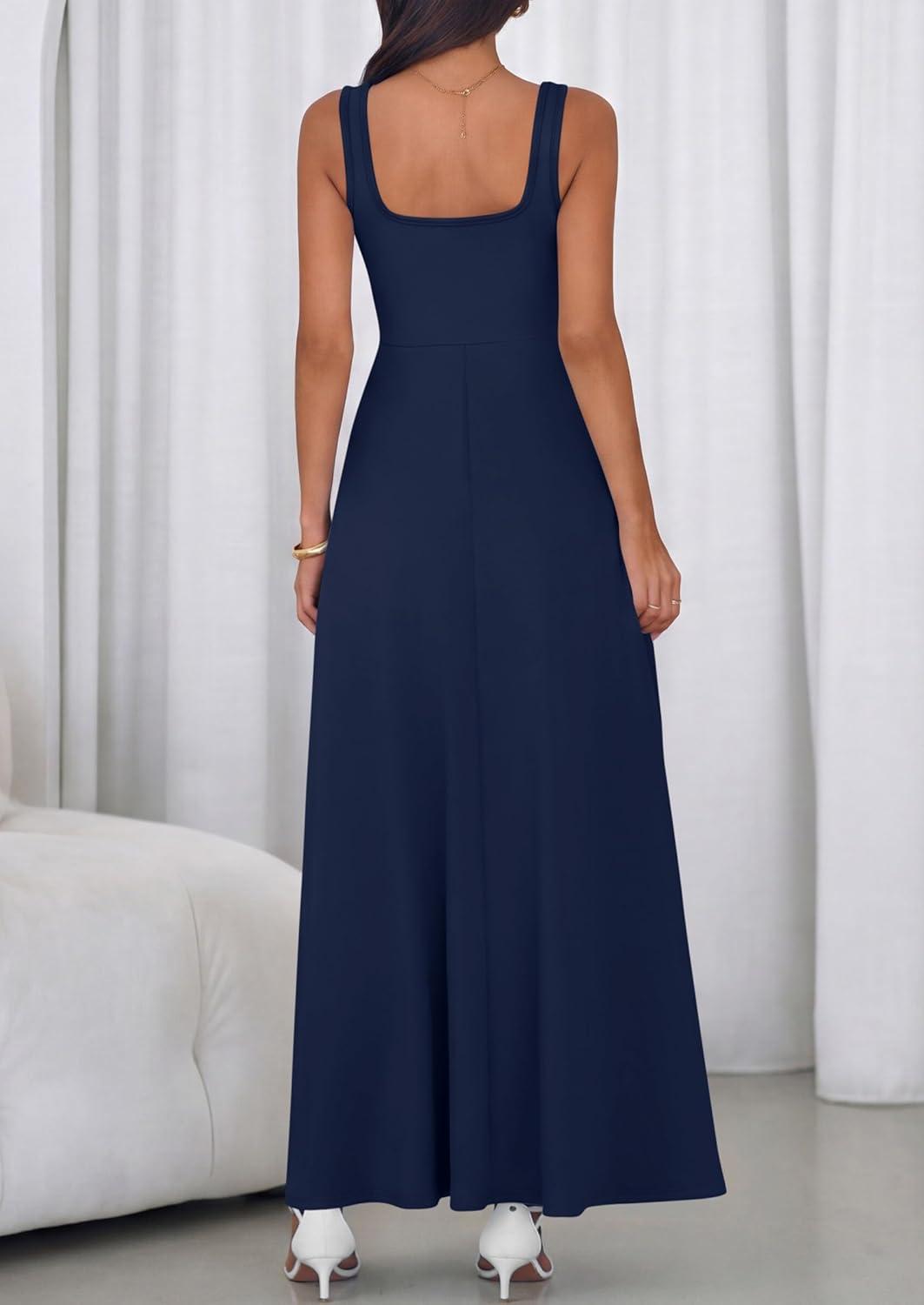 imagePRETTYGARDEN Womens Summer Dresses 2026 Sleeveless Elegant Square Neck Aline Swing Maxi Beach Wedding Guest Dress PocketsNavy